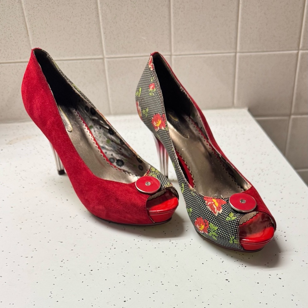 Poetic License Red Suede and Floral Peep-Toe Heels